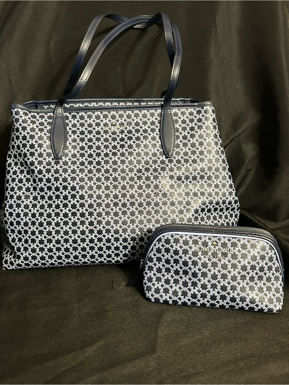 Kate Spade Blue & White Patterned Tote with Cosmetic Pouch